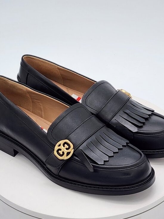 Sam Edelman Shoes - Black Leather Fringe Loafers with Gold Accent